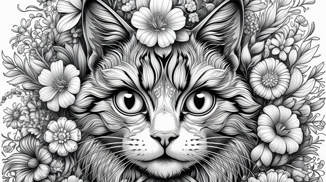 Black and white drawing of a cute cat surrounded by blooming flowers isolated on white background