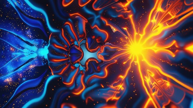 Abstract neon glowing light pattern with orange and blue energy lines isolated on white background