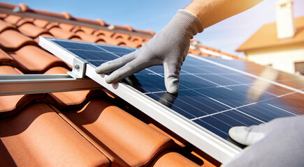 Installing solar panels on a tiled roof for renewable energy generation © Snide12