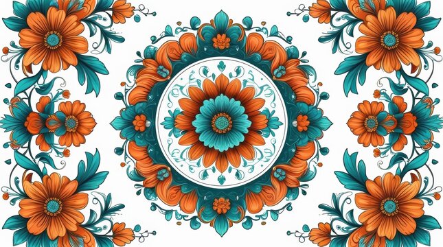 Colorful floral mandala pattern with orange flowers and green leaves isolated on white background