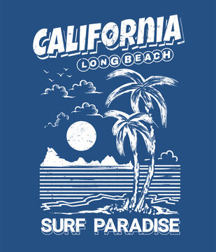 palm tree summer beach graphics in California. Surf Paradise. hand drawing beach graphics. vintage graphic tee. long beach tee shirt design. 