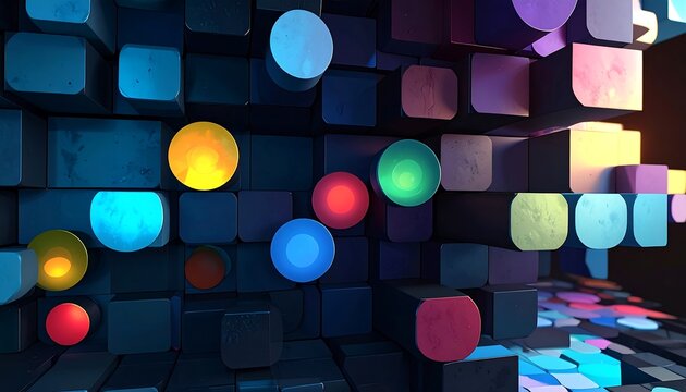A 3D rendering of a wall composed of dark blue and purple cubes with colorful glowing orbs