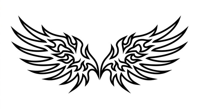 Detailed Black and White Angel Wings Illustration.