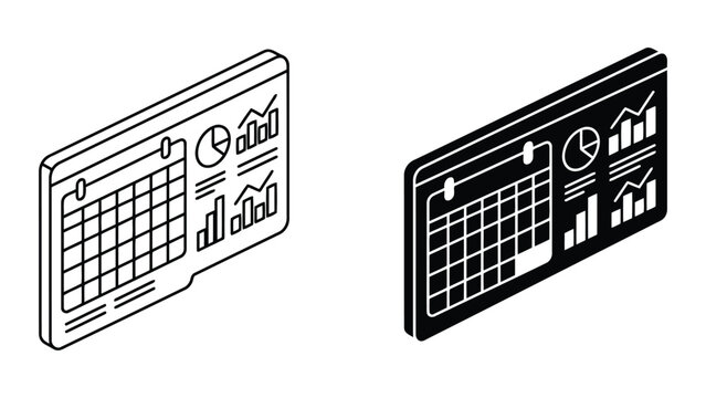 Business dashboard isometric icon set with data charts and monthly calendar