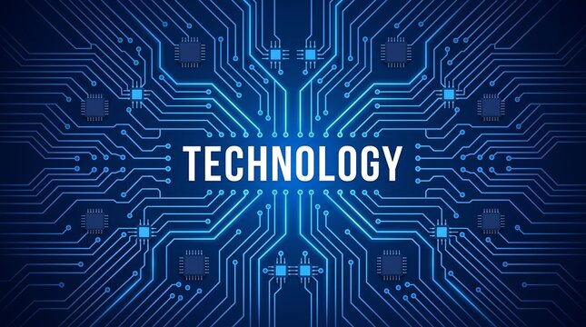 Blue circuit board graphic representing technology, innovation, and digital advancement