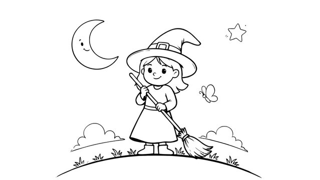 Charming witch illustration with crescent moon and stars black and white