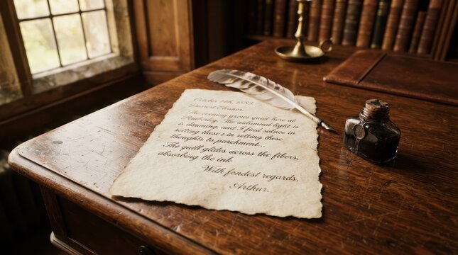 Handmade paper quill pen and inkwell on wooden desk writing desk