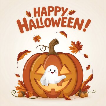 Happy halloween illustration pumpkin with ghost and autumn leaves