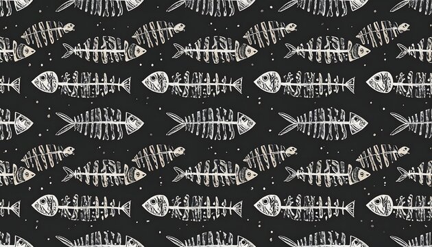 A black background with a repeating pattern of white fish skeletons and scattered dots