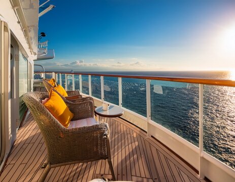 a close up view of a cruise ship balcony with plush chairs a table and stunning ocean views stretching to the horizon