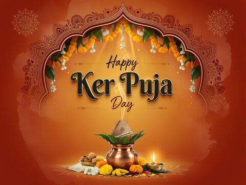 Happy Ker Puja Day with devotional offerings illuminated by warm light for festive greetings. 