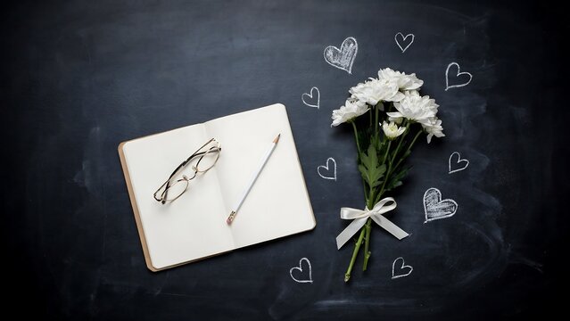 Flatlay of notebook glasses and white chrysanthemums on chalkboard background
