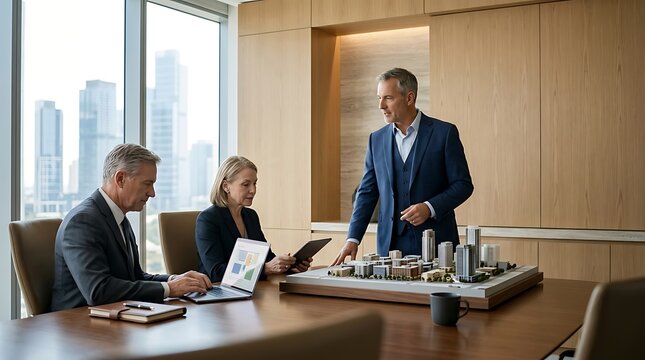 Architectural presentation real estate developers discussing cityscape model in modern office