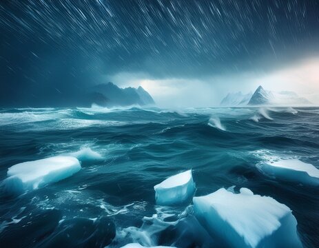 a dramatic scene of a snowstorm in the ocean with chunks of ice floating on the surface