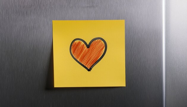 heart drawing on yellow sticky note on refrigerator door
