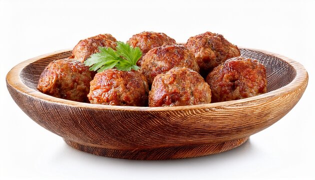 delicious homemade meatballs in a wooden bowl isolated on white background