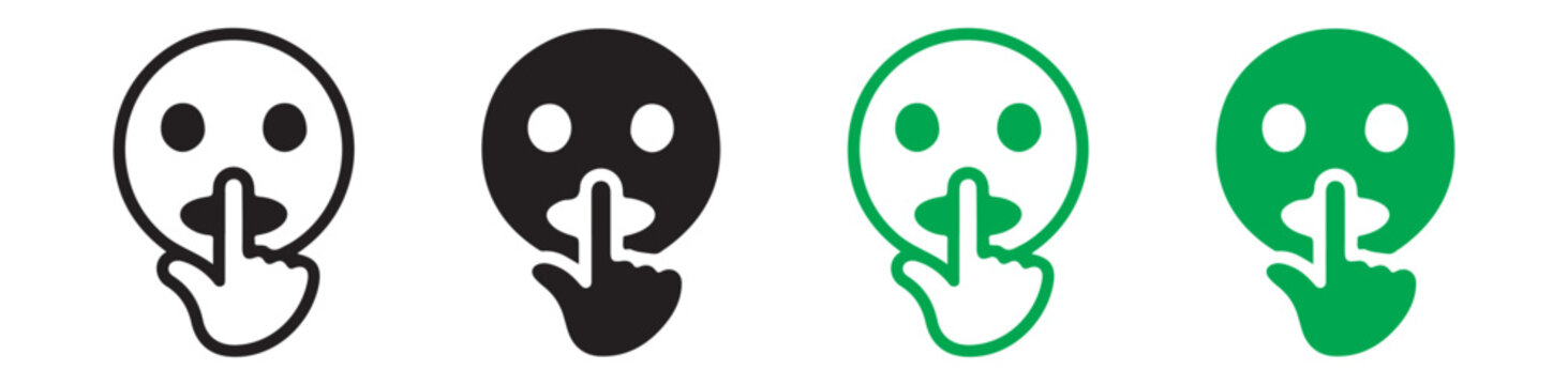 Green shushing emoji collection featuring outline and solid styles for quiet and silence concept vector.