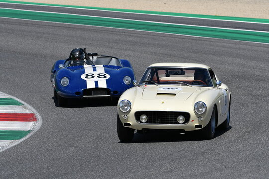 Scarperia, Italy - April 5th 2024: Ferrari 250 GT SWB 1962 drive by unknown in action during Mugello Classic 2024 at Mugello Circuit in Italy.