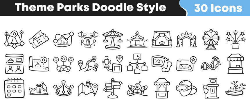 Hand drawn collection of thirty theme park doodle style icons