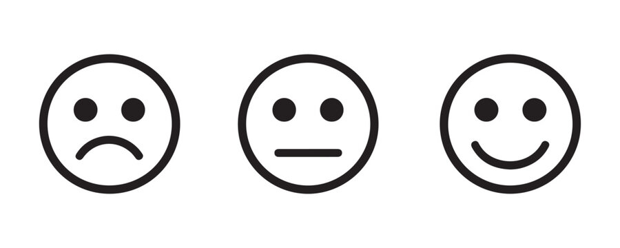 Three basic emoticons sad neutral and happy faces on transparent vector.