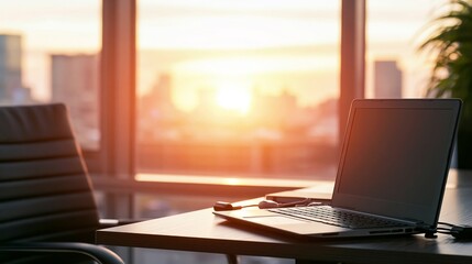Fototapeta premium Laptop on office desk with city sunset view