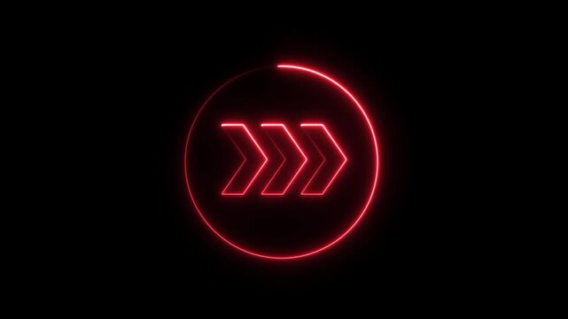 Neon red glowing arrow sign inside circular frame motion loop circle