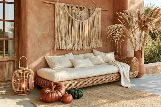 Boho living room featuring a warm terracotta limewash wall, a rattan daybed with cushions, decorative pumpkins, and dried plants in a cozy indoor setting