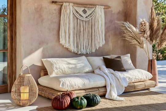 Boho living room featuring a rattan sofa with white cushions, warm terracotta limewash wall, decorative macrame wall hanging, and colorful pumpkins on the floor