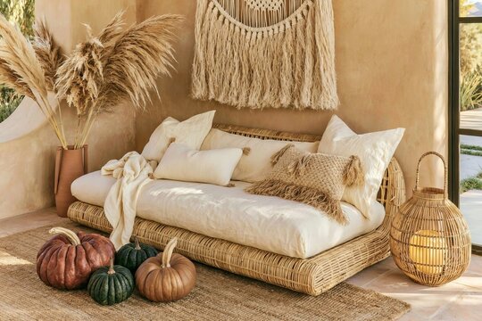 Boho living room featuring a rattan daybed with white cushions, warm terracotta limewash wall, decorative wall hanging, and colorful pumpkins on a natural fiber rug