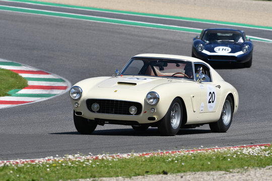 Scarperia, Italy - April 5th 2024: Ferrari 250 GT SWB 1962 drive by unknown in action during Mugello Classic 2024 at Mugello Circuit in Italy.