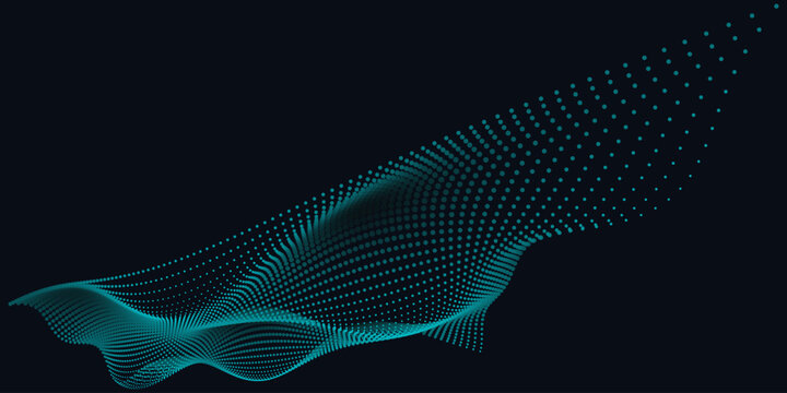 Futuristic cyan dot wave background, abstract digital particle flow on dark blue, high tech data visualization vector, flowing mesh of glowing points