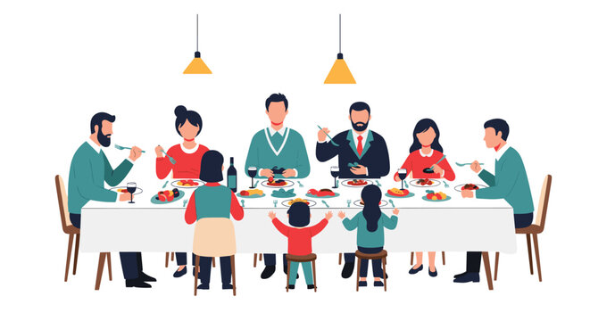 Happy big family gathers around a long dinner table to enjoy a delicious home cooked meal together.