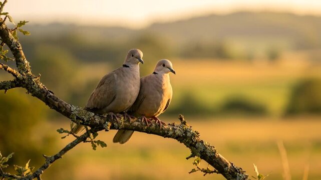 two eurasian collared dove close up in mediterranean countryside golden light video