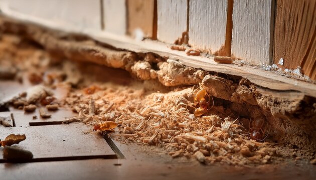 close up of termite damage with wood shavings scattered around the base of a wall