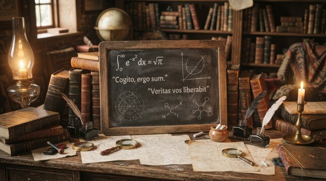 Vintage study desk with chalkboard books and candles lamp