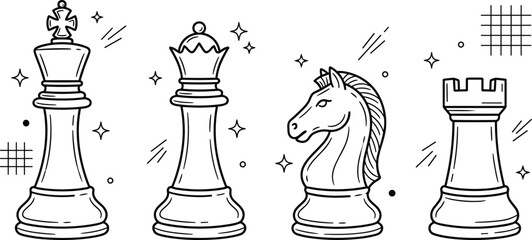 Classic Chess Pieces Line Art Vector Set Featuring King Queen Knight and Rook Icons with Sparkle Details for Strategy Game Graphic Designs © Morjina