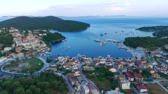 Aerial Sunrise Over Syvota Greece Coastline with Calm Ionian Sea