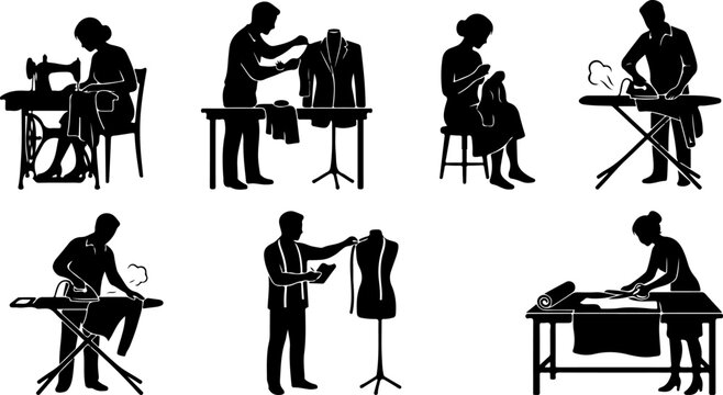 Set of tailor and seamstress silhouettes working in a sewing workshop vector illustration