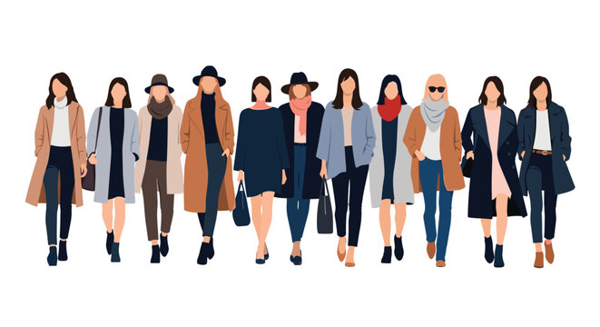 Group of fashionable women in autumn and winter coats standing together in a minimalist flat design illustration.