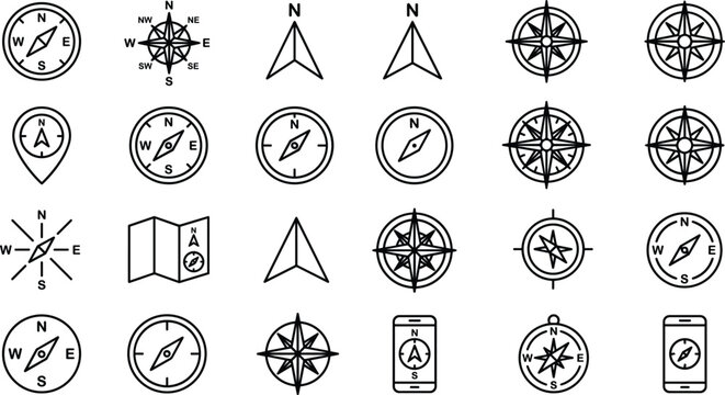 Compass line icon set vector showing wind rose navigation map pointer arrow north direction and mobile gps tracking elements