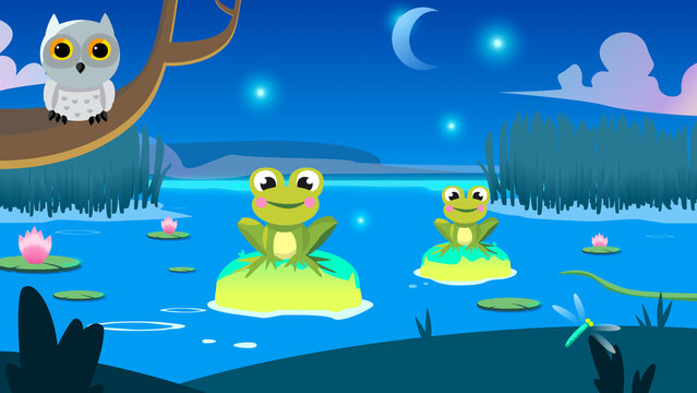 Night landscape with frogs and cute animals