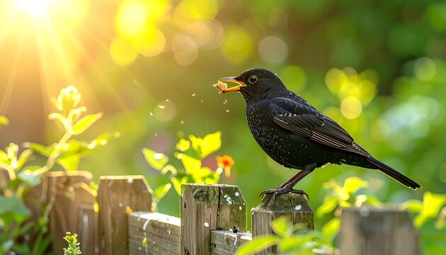 A black bird perched on a wooden fence post with a worm in its beak