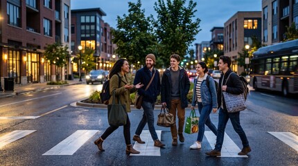 Obraz premium Group Crossing Residential Boulevard At Dusk In Modern City District