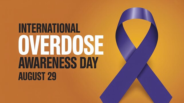 International Overdose Awareness Day Banner with Purple Ribbon on Dark Gold Background