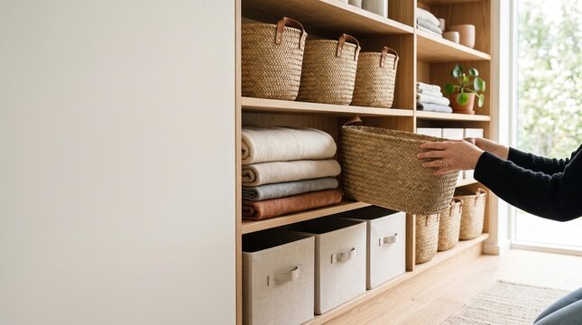 Hands placing woven basket on wooden shelf in modern organized closet against white wall backdrop with copy space
