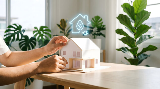 Person assembling a miniature house model. Hands crafting a tiny home replica with precision tools and materials.
