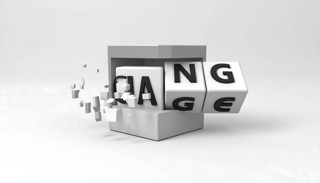 A 3D rendering of white blocks with black letters forming a word