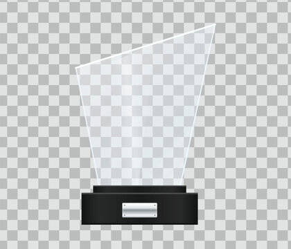 Glass trophy award on black pedestal with blank silver plaque for winner achievement design.