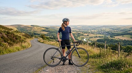 Fototapeta premium Female cyclist pausing on rural hill road overlooking scenic countryside