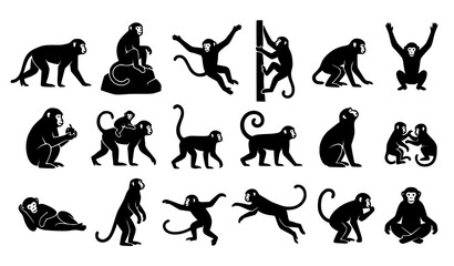 Black Monkey Silhouette Bundle with Animal Activity Poses Vector Illustration Set © Joba